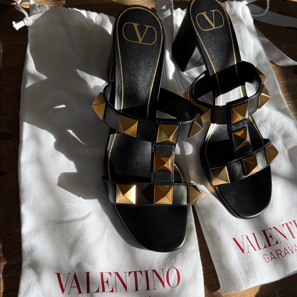 Valentino Black and Gold Studded Heels